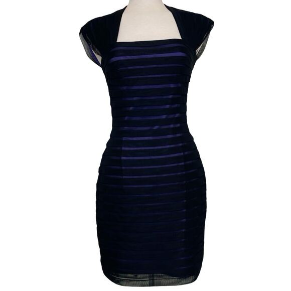 Adrianna Papell Black Purple Sheer Illusion Stripe Cocktail Dress Size 8 - Picture 2 of 7